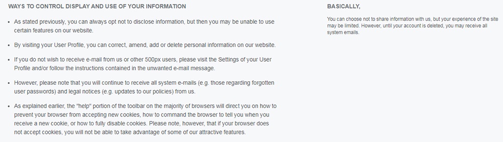 500px Privacy Policy: Ways to Control Display and Use of Your Information clause
