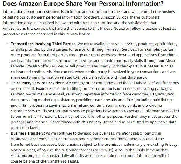 Amazon Europe Privacy Notice: Sharing your personal information clause excerpt