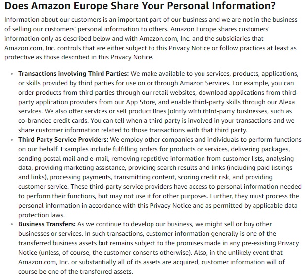 Amazon Europe Privacy Notice: Sharing your personal information clause excerpt