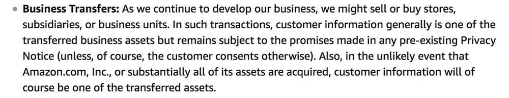 Amazon Privacy Policy page: Business Transfers clause