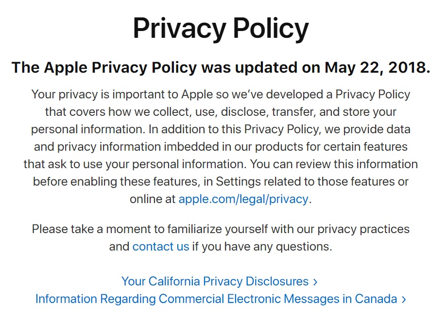 Apple Privacy Policy: Intro clause showing date, link to settings, link to contact and CalOPPA disclosure