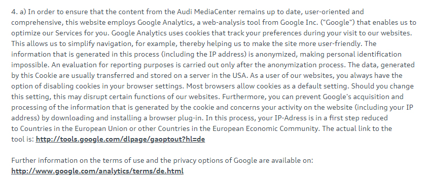 Audi MediaCenter Privacy Policy: Google Analytics clause