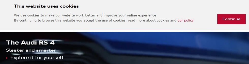Audi UK Cookies notice banner on website
