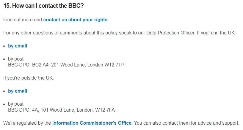 BBC Privacy Policy: How can I contact the BBC clause