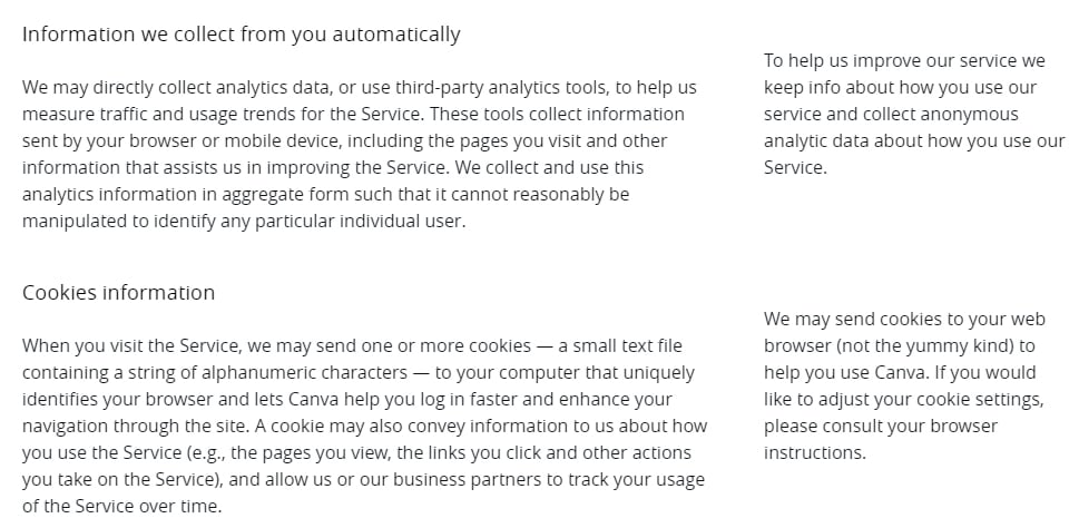 Canva Privacy Policy: Information we collect from you automatically and Cookies information clauses