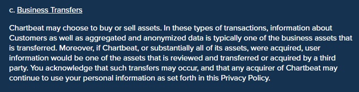 Chartbeat Privacy Policy: Business Transfers clause updated 2018