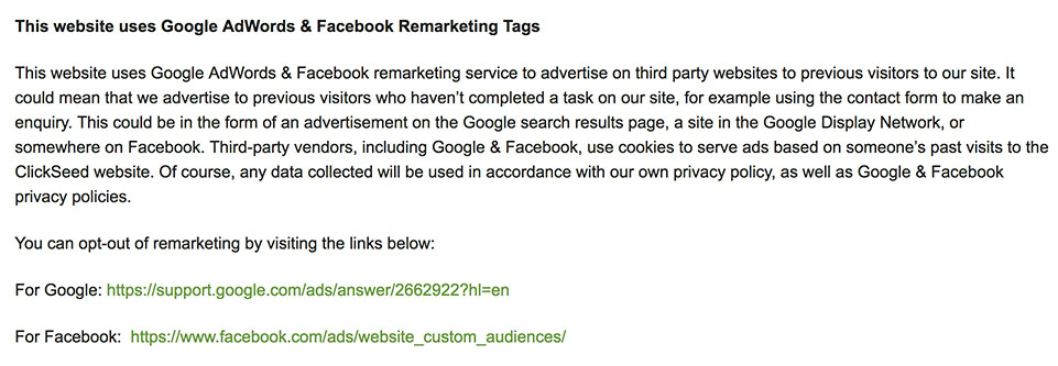 Clickseed Privacy Policy: This website uses Google AdWords and Facebook Remarketing Tags clause with Opt-out options