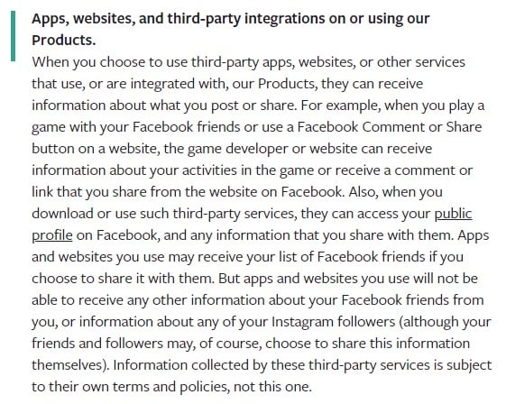 Facebook Privacy Policy: Apps, websites, and third-party integrations clause
