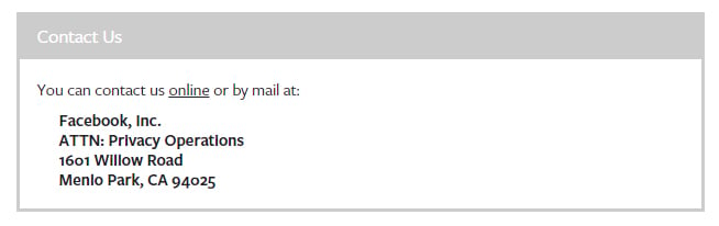 Facebook Privacy Policy: Contact Information clause