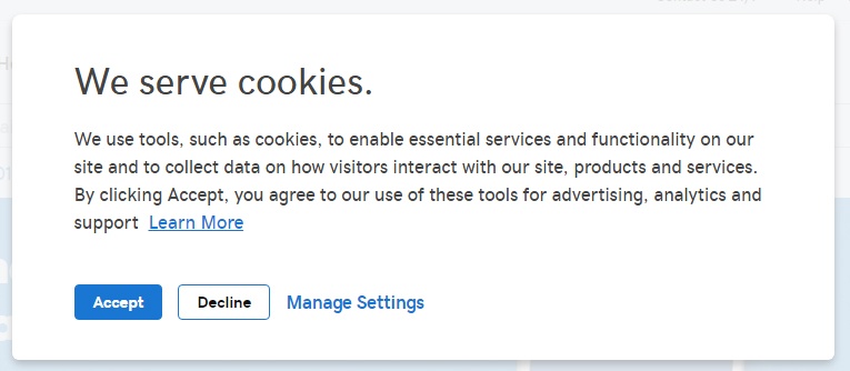 GoDaddy cookies notification with Accept and Decline buttons and Manage Settings link