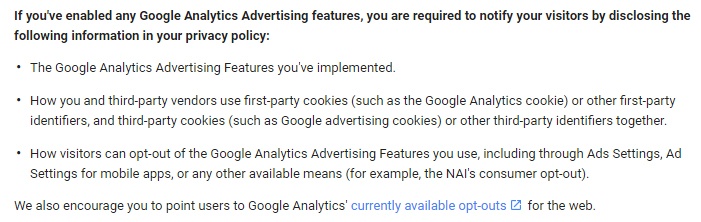 Google Analytics Terms of Service Disclosure Requirements clause