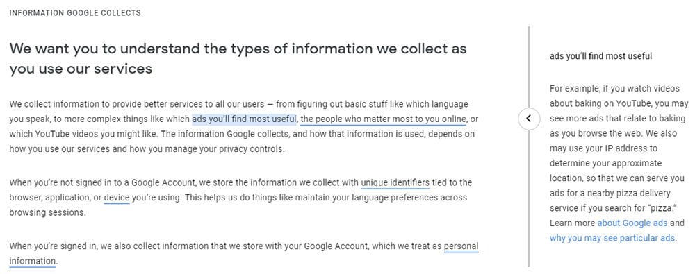 Google Privacy Policy: Information Google Collects clause with linked keywords to click for pop-up explanations