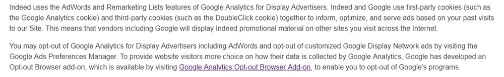 Indeed Privacy Policy: Google Analytics clause