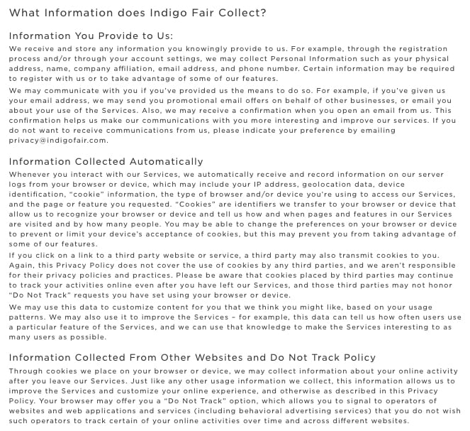 Indigo Fair Privacy Policy: Information we collect clause