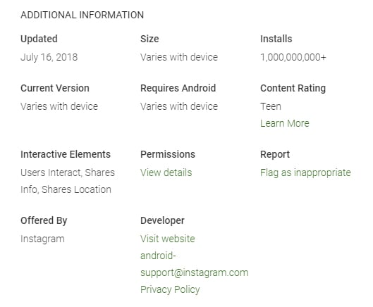 Instagram Android app Google Play homepage: Additional Information section