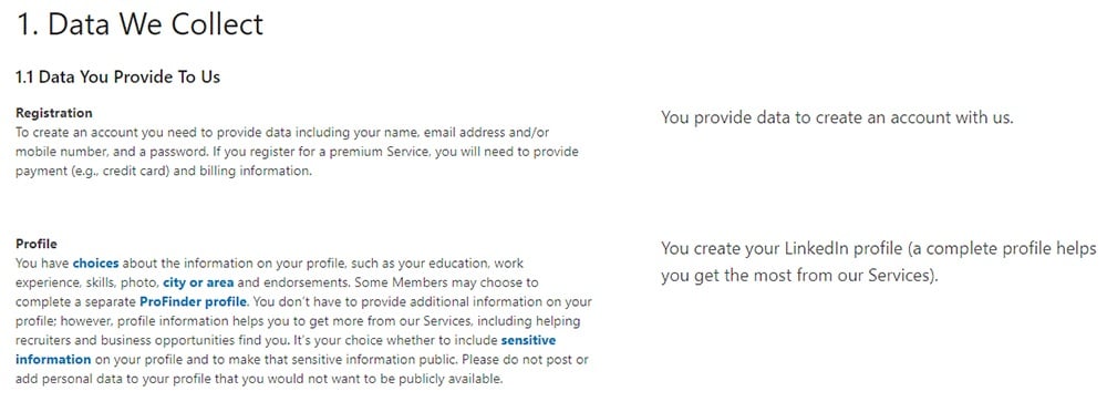 LinkedIn Privacy Policy: Data We Collect clause excerpt