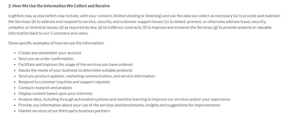 LogMeIn Privacy Policy: How We Use the Information We Collect and Receive clause