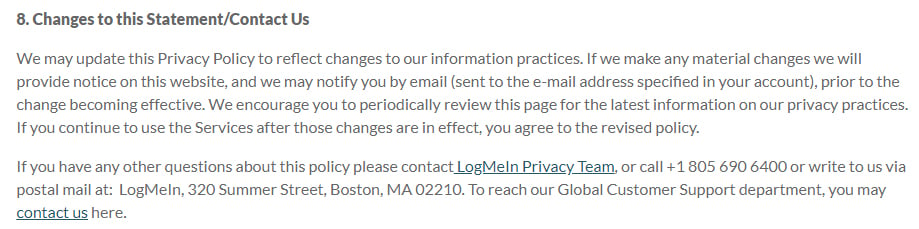 LogMeIn Privacy Policy page: Changes to this Statement - Contact Us clause