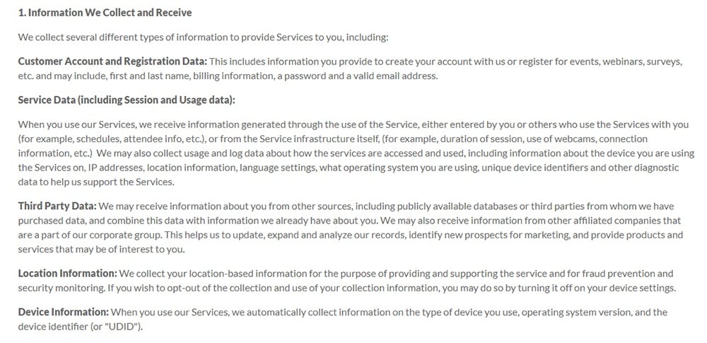 LogMeIn Privacy Policy page: Information We Collect and Receive clause