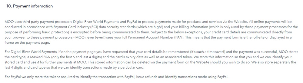 MOO Privacy Policy: Payment information clause