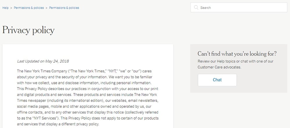 The New York Times: Screenshot of Privacy Policy intro - excerpt