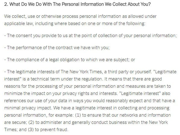 The New York Times Privacy Policy: What do we do with the personal information we collect about you clause