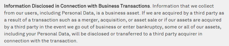 Niantic Privacy Policy: Information disclosed in connection with business transactions clause