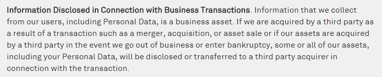 Niantic Privacy Policy: Information disclosed in connection with business transactions clause