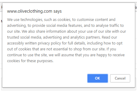 Olive Clothing cookies pop-up notice