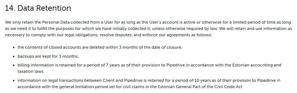 Pipedrive Privacy Policy: Data Retention clause - Updated