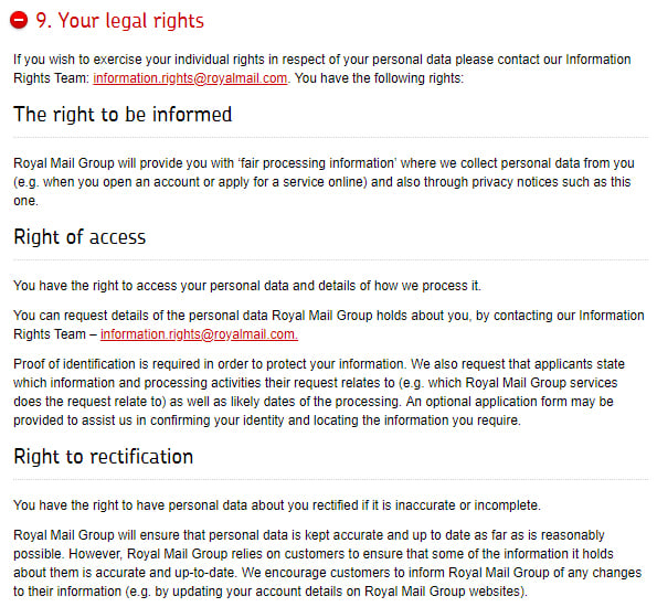 Royal Mail Privacy Notice: Your Legal Rights clause excerpt