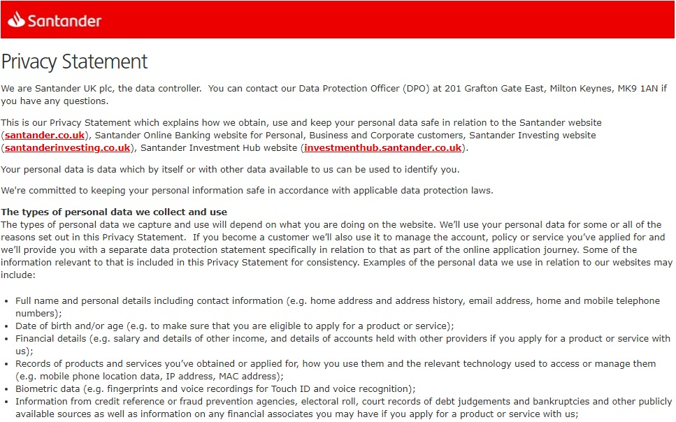 Santander Privacy Statement: Excerpt of intro clauses