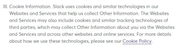 Slack Privacy Policy: Cookie clause with link to cookie policy