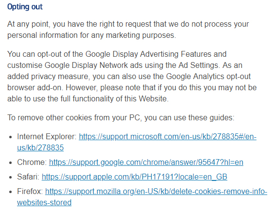 Standard Life Cookie Policy: Opting out clause