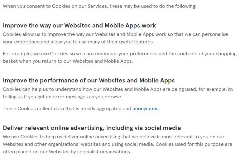 Tesco Privacy and Cookies Policy: How cookies are used clause