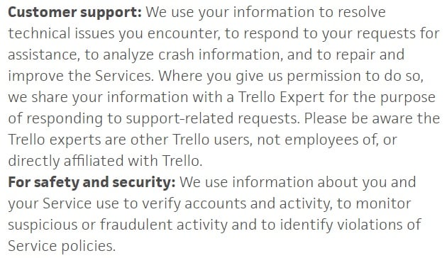 Trello Privacy Policy: How we use information we collect clause excerpt
