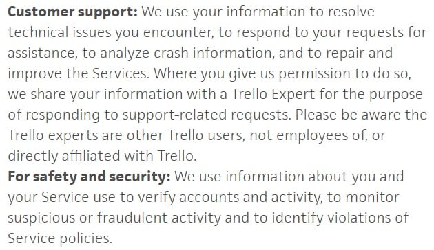 Trello Privacy Policy: How we use information we collect clause excerpt