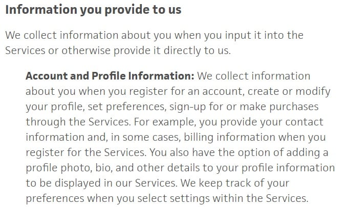 Trello Privacy Policy: Information you provide to us clause