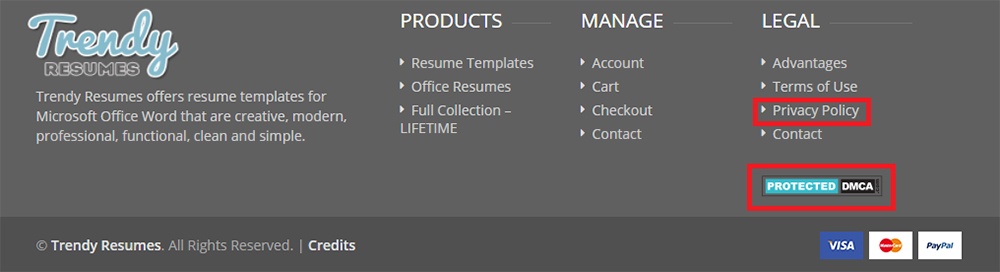 Trendy Resumes website footer with Privacy Policy link and DMCA badge