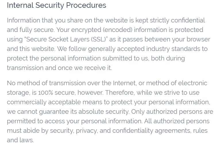 Vitality Privacy Policy: Internal Security Procedures Clause