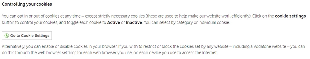 Vodafone Cookie Policy: Controlling your cookies clause