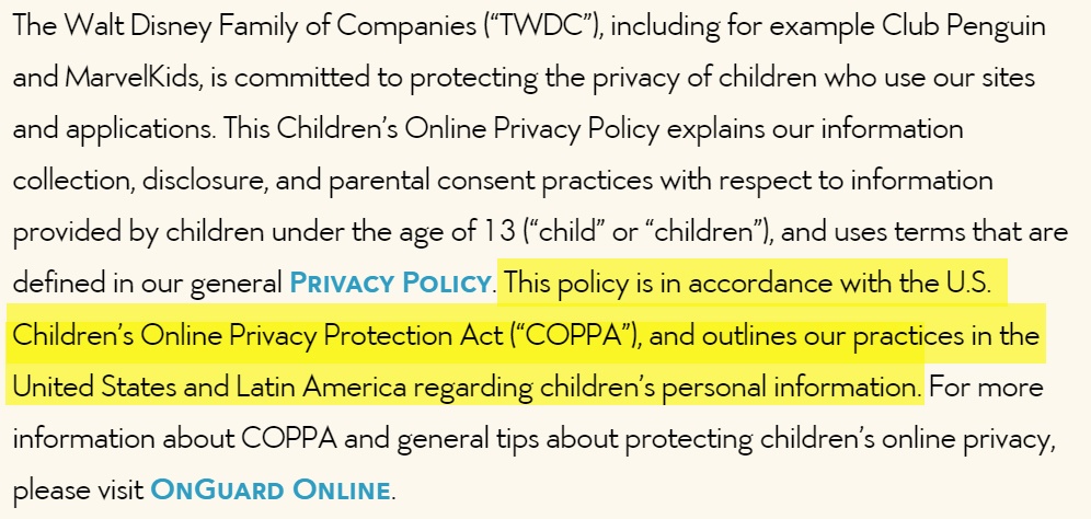 Walt Disney Children&#039;s Online Privacy Policy: COPPA clause
