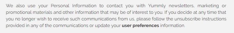 Privacy Policy of Yummly: Newsletter contact clause