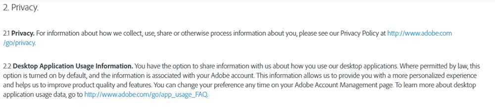 Adobe General Terms of Use: Excerpt of Privacy clause