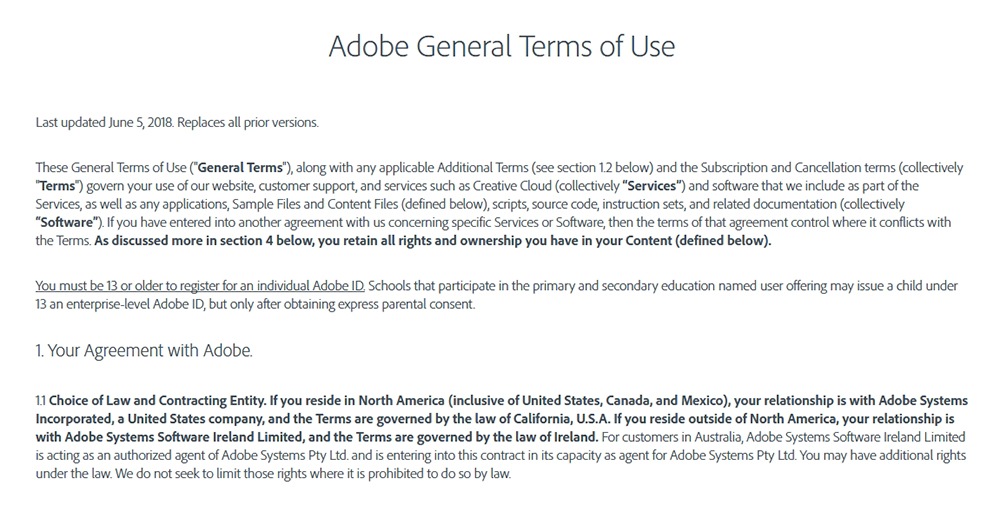 Adobe General Terms of Use: Screenshot of intro clauses