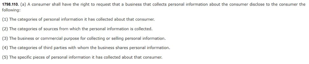 California Legislative Information: California Consumer Privacy Act CCPA - Section 1798:110 - Right to request disclosure of personal information collected