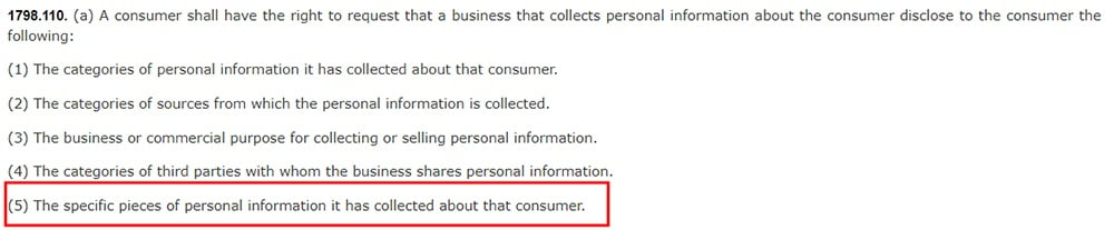California Legislative Information: California Consumer Privacy Act CCPA - Section 1798:110 - Right to request disclosure of specific personal information collected - highlighted