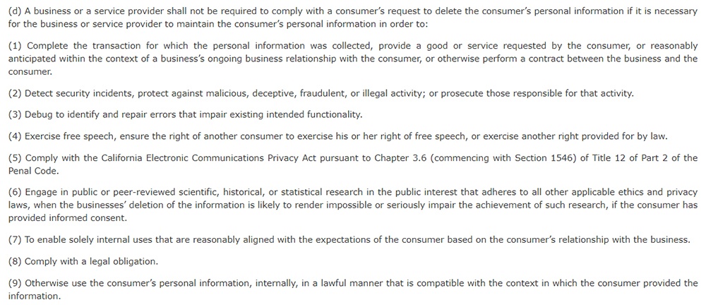 California Legislative Information: California Consumer Privacy Act CCPA - Section 1798:105 - Right to deletion exceptions