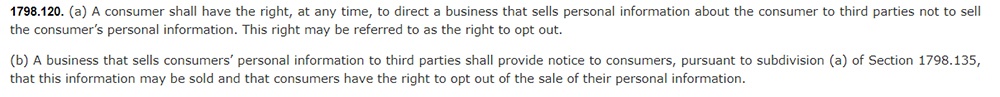 California Legislative Information: California Consumer Privacy Act CCPA - Section 1798:120 - Right to opt out