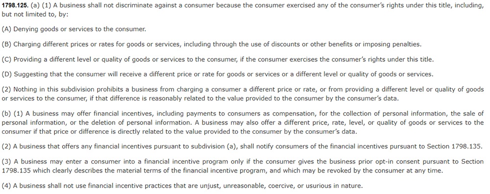 California Legislative Information: California Consumer Privacy Act CCPA - Section 1798:125 - No discrimination clause